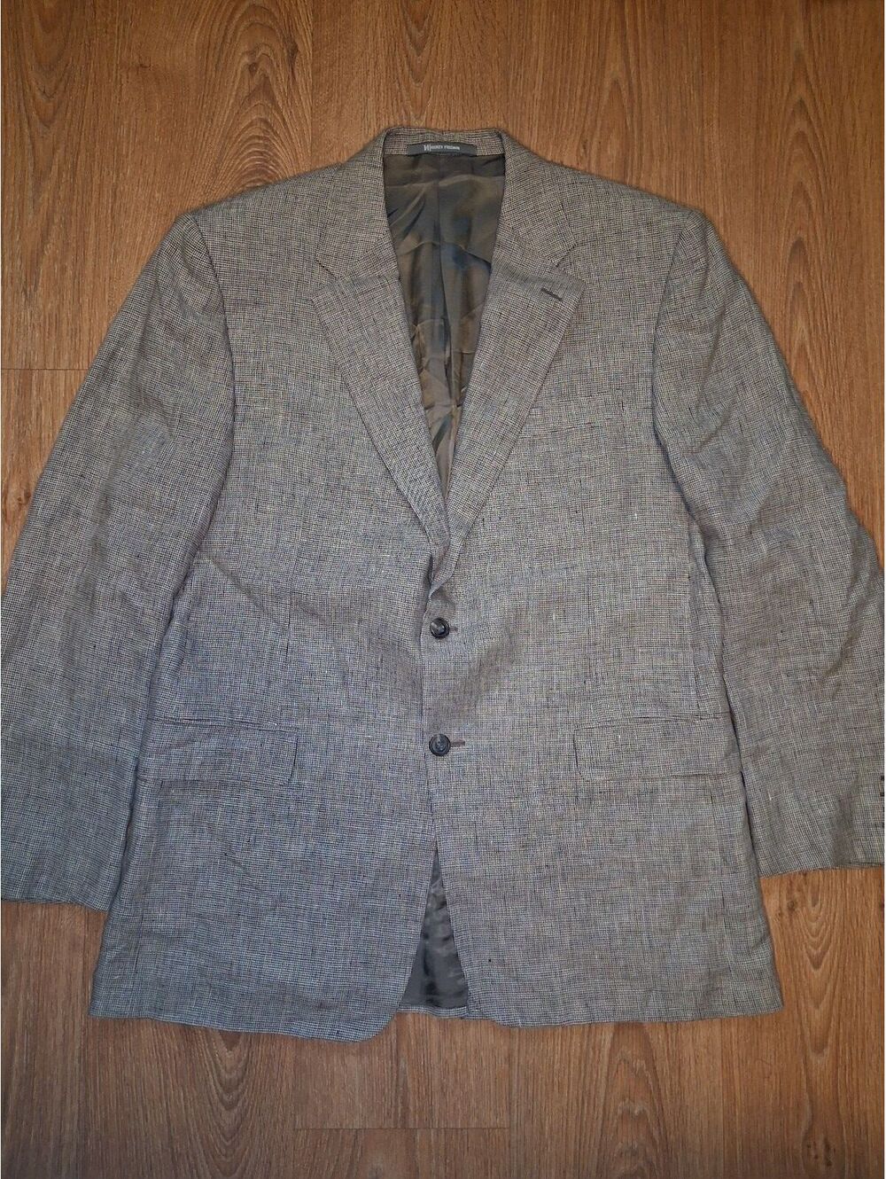 Hickey Freeman 100% Linen Sport Coat 43R Beige Houndstooth